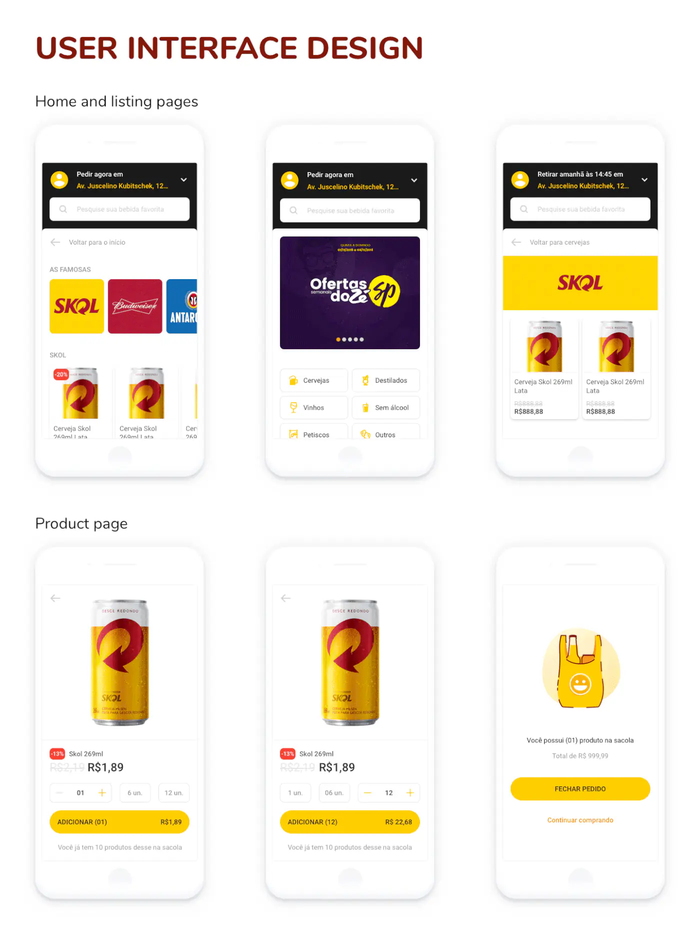 Interface: home, listagem e página de produto