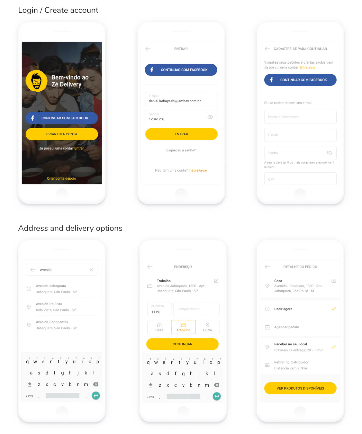 Interface: login, endereço e opções de entrega
